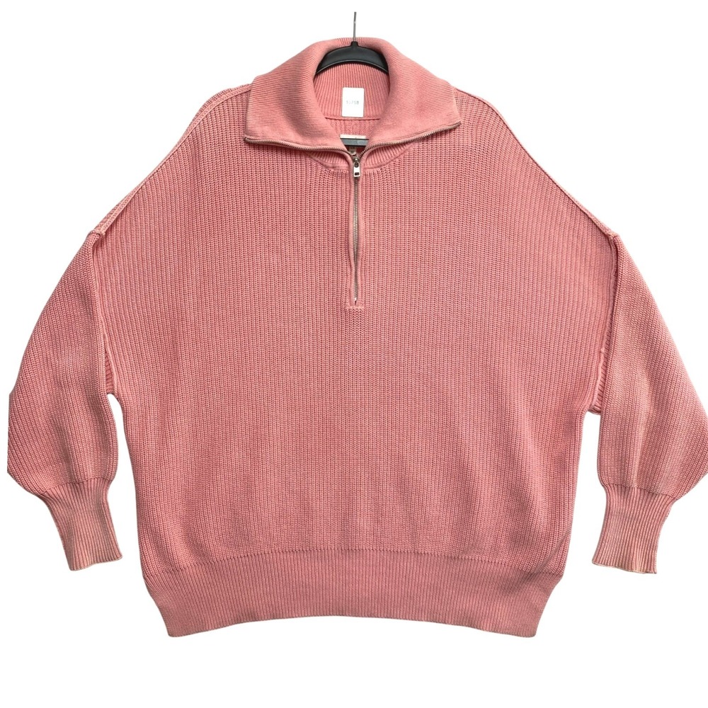 Aerie Sweater Womens Large Pink Cotton Shaker Stitch Pullover 1/4 Zip